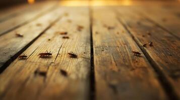 Several insects are crawling across a wooden plank surface photo