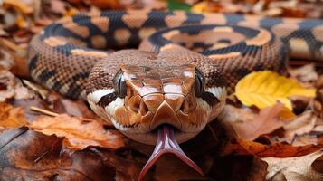 A close up image of a snake among fallen leaves photo