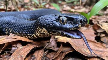 A detailed close up photograph of a black snake with its tongue out photo