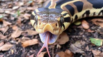 Close up of a colorful snake with its tongue extended photo