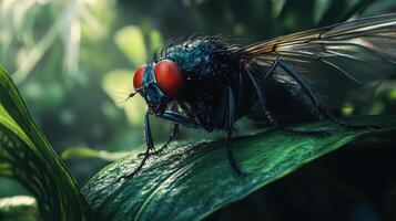 A detailed close up photograph of a common housefly insect photo