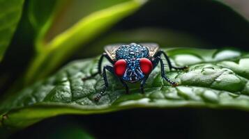 A close up image showing a fly on a wet green leaf photo