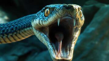 Close up image of a snake opening its mouth wide photo