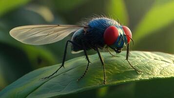 A detailed image showcasing a close up of a fly on a leaf photo