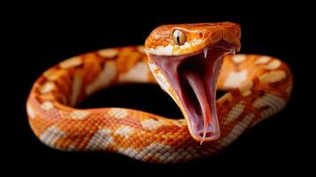 An orange colored snake with its mouth wide open facing forward photo