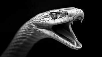 A detailed black and white image of an open mouthed snake photo