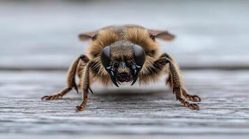 A close up shot of a hairy insect facing forward photo