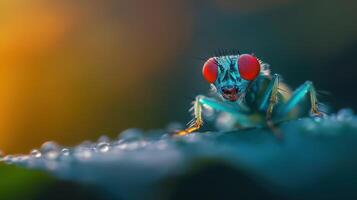 A close up image showing a small fly with red eyes photo