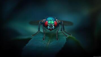 A close up portrait of a fly on a green leaf photo