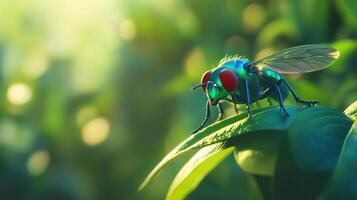 A colorful fly rests on a green leaf in a garden photo