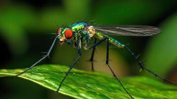A vibrant green insect with large red eyes resting on a leaf photo