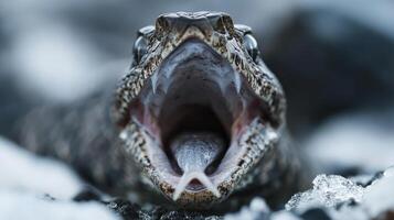 An up close image depicts a snake with an open mouth photo