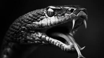 Detailed photograph capturing the open mouth of a snake with fangs photo