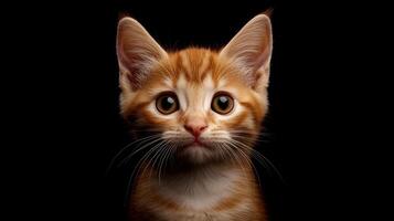 A curious ginger kitten gazing directly towards the viewer against black background photo