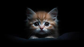 A cute ginger kitten peeking out from the encompassing darkness photo