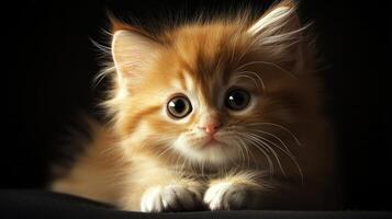 A fluffy orange kitten with big eyes is looking directly forward photo