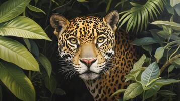 A close up portrait of a spotted jungle animal peering photo