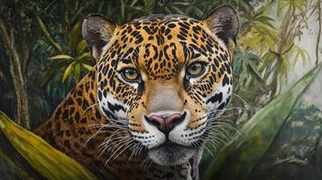 A beautiful portrait of a jaguar with intense forward gaze photo