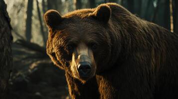 A large brown bear staring directly into the camera in a forest photo