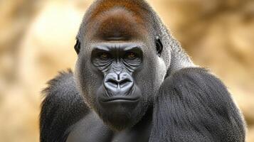 A large gorilla is looking directly into the camera with focus photo
