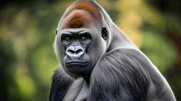 A close up portrait of a large silverback gorilla looking forward photo