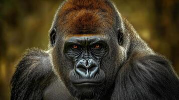 A detailed portrait of a majestic silverback gorilla staring directly at the viewer photo