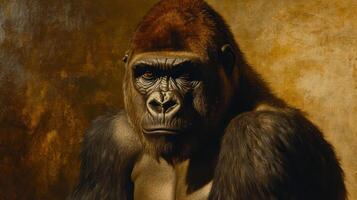 A Realistic Painting of a Powerful Ape Looking Directly Forward photo