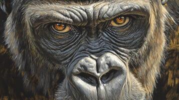 A close up portrait depicting the powerful face of a gorilla photo