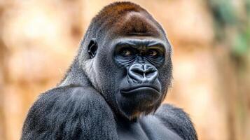 A close portrait of a majestic silverback gorilla looking forward photo