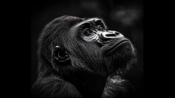 A close up portrait of a gorilla looking upwards in black and white photo
