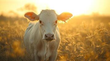 A beautiful white cow standing in a field during sunlight photo