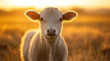 A young calf standing in a field during golden hour light photo