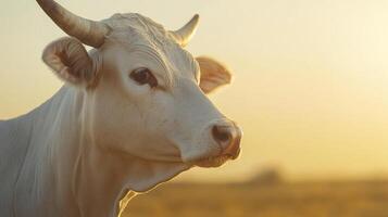 A close up portrait of a white cow in sunlight photo