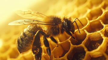 A close up picture shows a honeybee on a honeycomb photo
