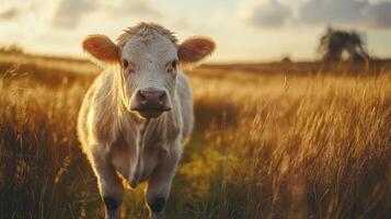 A curious cow stands facing the viewer in a sunny field photo