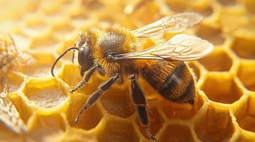 A close up of a bee sitting on a honeycomb cell photo