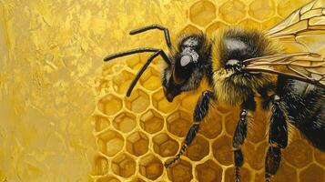 A detailed close up view of a yellow honeybee photo