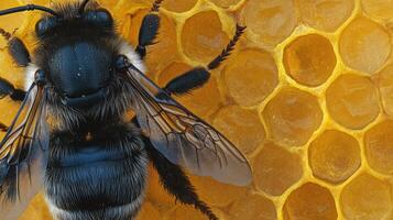 A close up shot of a bee on a honeycomb cell photo