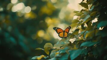 A butterfly with orange and black wings rests on green leaves photo