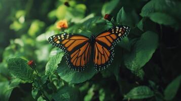 An open winged orange and black butterfly rests amidst greenery photo