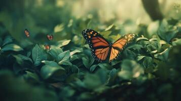 Monarch butterflies perched among green leaves in a tranquil natural setting photo