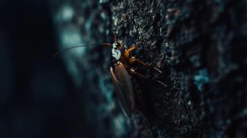 A close up image displays a brown cockroach on rough bark photo