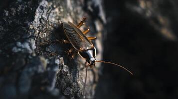 Close up view of a cockroach resting on textured bark photo
