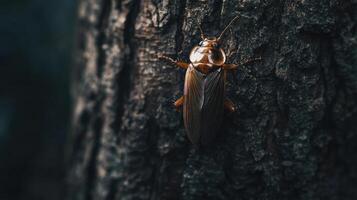 A close up photograph shows a bug on tree bark photo