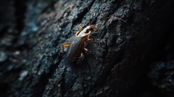 A detailed macro image of a cockroach on tree bark photo