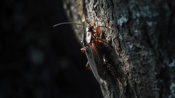 A brown cockroach is clinging to a tree trunk in detail photo