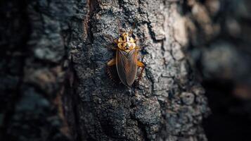 A detailed photograph showing a cockroach perched on textured tree bark photo