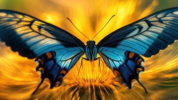 A beautiful butterfly rests atop of a vibrant yellow flower photo