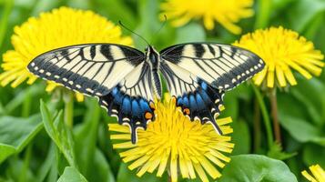 A beautiful butterfly resting on a vibrant yellow dandelion flower photo