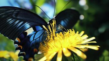 A beautiful butterfly rests on a bright yellow dandelion flower photo